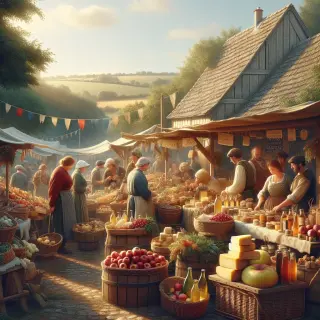 Normandy rural market with local produce stands, people interacting, and green countryside in the background.