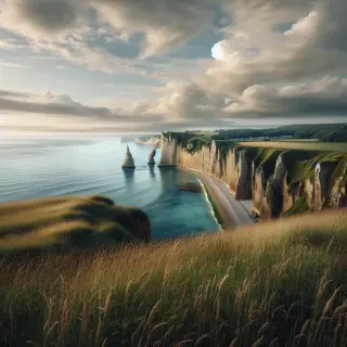 Panorama des hautes falaises du Nez de Jobourg surplombant la mer, sous un ciel légèrement nuageux, avec herbe rase et végétation côtière au premier plan.
