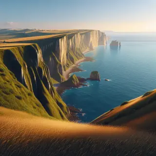 Panorama photoréaliste de falaises verdoyantes plongeant dans la mer avec vue sur les îles Anglo-Normandes, lumière douce de fin d'après-midi.