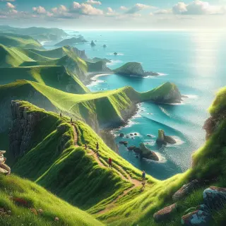 Panoramic coastal viewpoint with grassy cliffs, blue sea, green hills, and a few hikers enjoying the landscape under a clear sky.