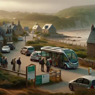 Parking relais près d'une plage normande avec quelques voitures, des marcheurs attendant une navette, paysage vallonné, maisons en pierre et sentier balisé sous une lumière douce.