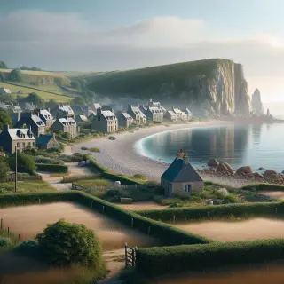 Paysage côtier de la Hague avec falaises, bocages verdoyants, un hameau en granit, plage de galets et mer calme sous un ciel nuageux