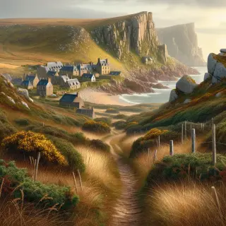 Paysage côtier de la Hague avec landes, sentier pédestre, falaises escarpées et village en granit sous un ciel lumineux