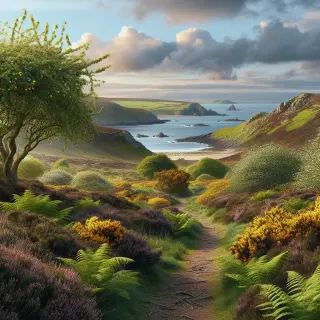 paysage photoréaliste de la presqu’île de la Hague avec sentier, bruyères, ajoncs, fougères, pommiers en fleurs, vallons, pointes rocheuses et mer à l’horizon sous un ciel lumineux