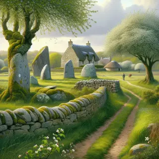 Paysage rural de Branville-Hague avec muret de pierre, sentier, dolmens, pommiers en fleur et ferme normande au loin sous un ciel nuageux.