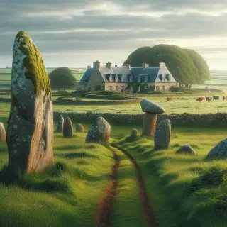 Paysage rural de la Hague avec un sentier, un menhir, un dolmen, des champs verts, le manoir du Tourp en pierre et un ciel nuageux.
