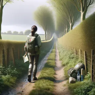 Personne en randonnée sur un chemin rural, équipée d’un sac à dos, de chaussures adaptées et d’une carte, par temps nuageux en campagne.