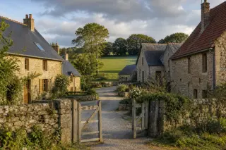 Petit hameau rural normand avec maisons en pierre, toitures traditionnelles, muret et portail en bois au calme d’une fin d’après-midi.