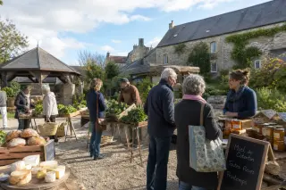 petit marché rural du Cotentin avec producteurs locaux, étals de légumes, fromages, pains, habitants discutant sous une lumière douce