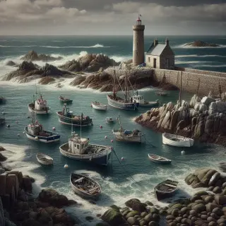 Petit port de Goury avec sa jetée en pierres, quelques bateaux et le phare en arrière-plan par temps nuageux, ambiance marine paisible.