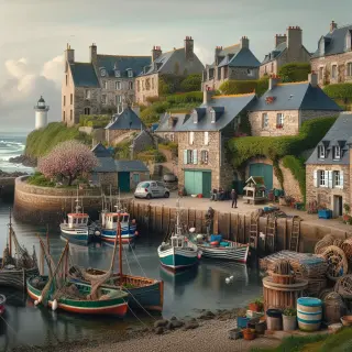 Petit port normand avec bateaux de pêche, maisons en pierre, phare en arrière-plan et pêcheurs au travail