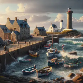 Petit port traditionnel à la Hague avec barques colorées, phare de Goury et maisons de pierre sous une lumière douce, mer agitée et sentier côtier.