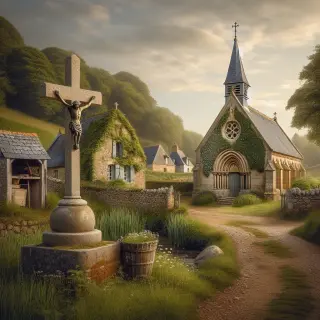 Petit village normand avec une église romane, un calvaire en granit, un vieux lavoir près d'un chemin de terre et des maisons en pierre sous une lumière douce d'après-midi