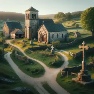 Petite église rurale en granit avec un manoir en arrière-plan, chemin creux bordé d'arbres, croix de chemin en pierre et lavoir sous une lumière douce de fin d'après-midi.