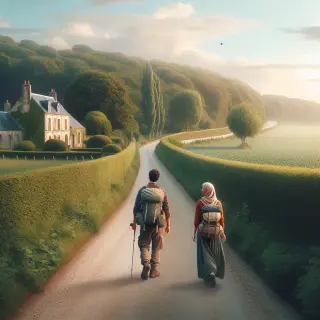 Petite route champêtre en Normandie avec deux randonneurs et une ferme en arrière-plan sous une lumière douce