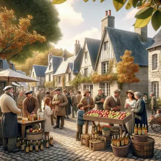 Place de village en Normandie animée par une fête d'automne, avec des stands de pommes et cidre, habitants souriants et décorations saisonnières.