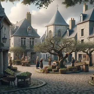 Place de village normand avec maisons en granit, vieux pommiers tordus, habitants échangeant des produits locaux sur un petit marché, four à pain en pierre, église romane à l’arrière-plan.