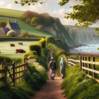 Promeneurs sur un sentier côtier entouré de bocages en Normandie, avec vue sur les falaises, la mer et une ferme voisine sous un ciel lumineux.