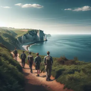 Randonnée sur les falaises du Nez de Jobourg, promeneurs admirant la vue sur la mer sous un ciel partiellement ensoleillé en Normandie.