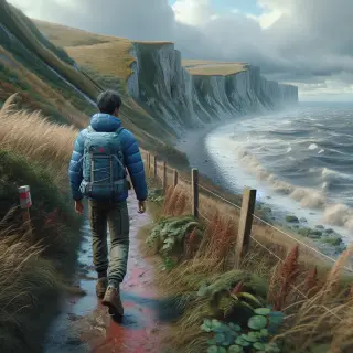 randonneur équipé sur un sentier côtier humide et venteux près de la mer, ciel nuageux, balisage GR, paysage de La Hague