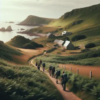 Randonneurs marchant en petits groupes sur un sentier côtier de la Hague, avec falaises, mer, et hébergements ruraux en arrière-plan, sous une lumière d'été douce.