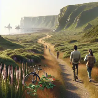 Randonneurs marchant sur un sentier côtier entouré de landes et falaises, vélo posé sur le côté et paysage naturel préservé sous une lumière douce.