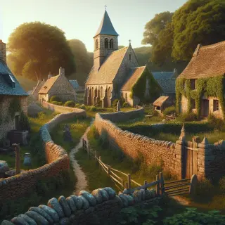 Romanesque stone church and traditional granite farm buildings surrounded by high stone walls in a peaceful, green Normandy village landscape at sunset.