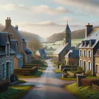 Rue calme d'un village normand avec maisons en pierre de schiste, église ancienne, prairies verdoyantes et ciel lumineux de printemps.