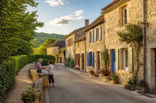 Rue tranquille d’un hameau rural, maisons rénovées en pierre, haies bien entretenues, quelques habitants discutant près d’un muret sous une douce lumière de fin d’après-midi.