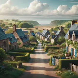 Ruelle calme d’un village normand avec maisons en pierre, haies bocagères et vue sur les falaises et la mer au loin