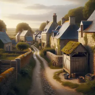 ruelle pavée avec maisons de pierre, murets, lavoir restauré, ambiance rurale et paisible du Cotentin