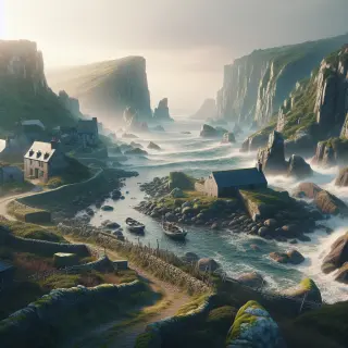Rugged coastal cliffs, mossy rocks, a small fishing port, and misty morning light in La Hague, Normandy.