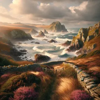 Rugged coastline of La Hague in autumn with cliffs, rocky shore, wild sea, golden sunlight, and grassy path bordered by blooming heather and fuchsia hedges.