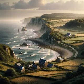 rugged coastline with cliffs, moorland, stone houses, and green fields along the sea in Normandy