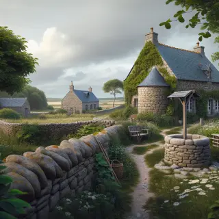 Rural Normandy landscape with a traditional stone house, dry stone wall, rustic well, and a distant Romanesque chapel under an overcast sky.