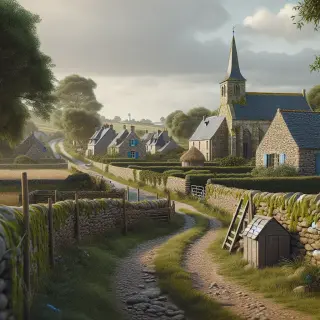 Rural Normandy village with stone church, farmhouses, dry stone walls, a lavoir near a stream, and a lighthouse in the distance under soft daylight.