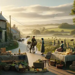 Rural scene in La Hague with two cyclists on a country road, local market with farm products, grazing cows and stone fences under soft afternoon light.