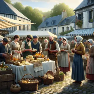 Scène de marché de campagne à La Hague avec producteurs de fromages, miel, cidre, et démonstrations artisanales de poterie et vannerie sous une lumière naturelle et douce.