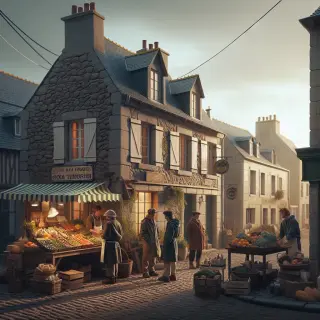 Scène de village du Cotentin avec marché local, maisons en pierre, lumière douce et habitants en coupe-vent discutant devant l'office de tourisme.