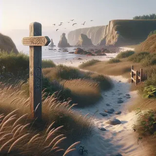 Scenic coastal trail in La Hague with dunes, wild grasses, flowers, wooden signpost, and cliffs under a clear sky, no people visible, emphasizing natural preservation.