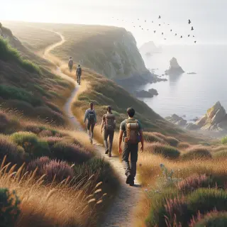 Sentier côtier balisé de la Hague, bordé de bruyères et surplombant la mer, avec quelques randonneurs marchant paisiblement sous un ciel partiellement nuageux.