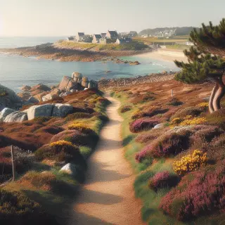 Sentier côtier balisé de la Hague longeant la mer, avec lande fleurie et vue sur un port pittoresque, éclairé d’une douce lumière naturelle