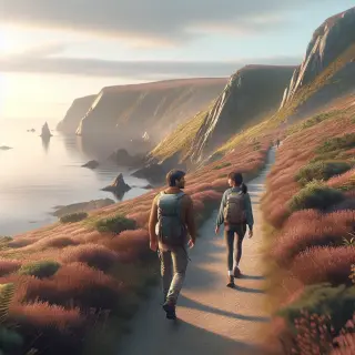Sentier côtier de la Hague au printemps avec deux randonneurs et vue dégagée sur la mer sous une lumière douce.