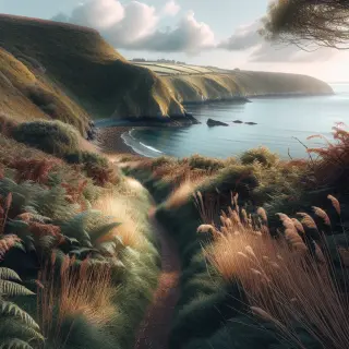 sentier côtier de la Hague au printemps, herbes hautes, vue sur la mer sous une lumière douce, falaises en arrière-plan