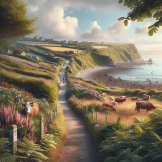 Sentier côtier de La Hague avec flore locale, falaises, vaches normandes au pâturage, lumière naturelle paisible