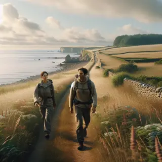 Sentier côtier de la Hague en Normandie avec deux randonneurs, herbes hautes, vue sur la mer et murets de pierre sous un ciel lumineux et calme.