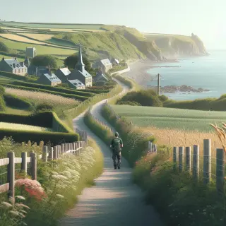 Sentier côtier de La Hague, randonneur de dos, mer en arrière-plan, champs verts, petite église de pierre au loin sous un ciel clair.