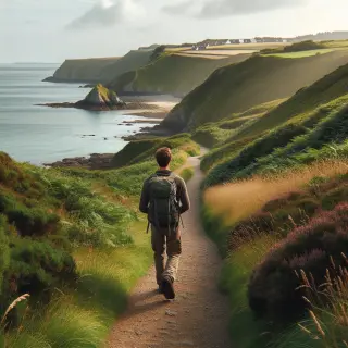 Sentier côtier du Cotentin longeant une falaise verdoyante avec un randonneur, la mer en arrière-plan et une atmosphère lumineuse et paisible.