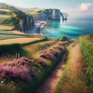 Sentier côtier du GR 223 à La Hague longeant des falaises herbeuses surplombant la mer bleu-vert sous une lumière claire, avec bruyères fleuries et bocage en arrière-plan.