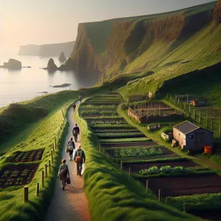 Sentier côtier en bord de falaise à la Hague avec quelques promeneurs, paysages agricoles, vue sur la mer, ambiance paisible et lumière douce de fin de journée